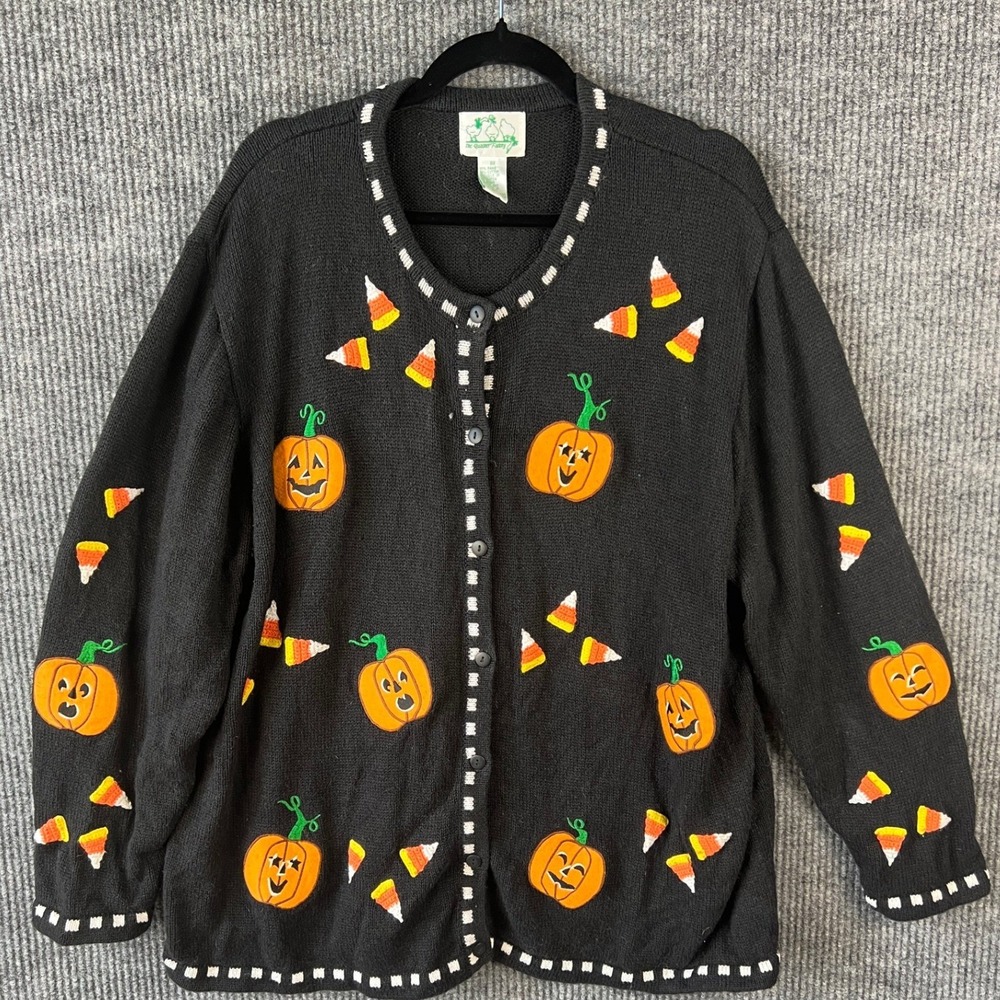90s Quacker Factory Halloween Cardigan 3X Pumpkin Candy Corn Cottagecore Novelty
